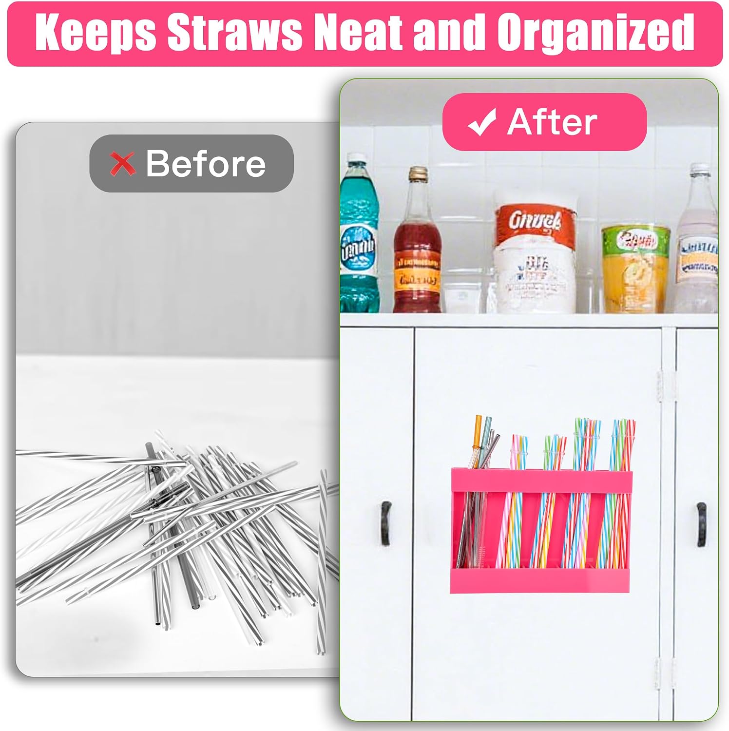 RBACTYES Hot Pink Acrylic Straw Holder, Cabinet Door Mounted Organizer