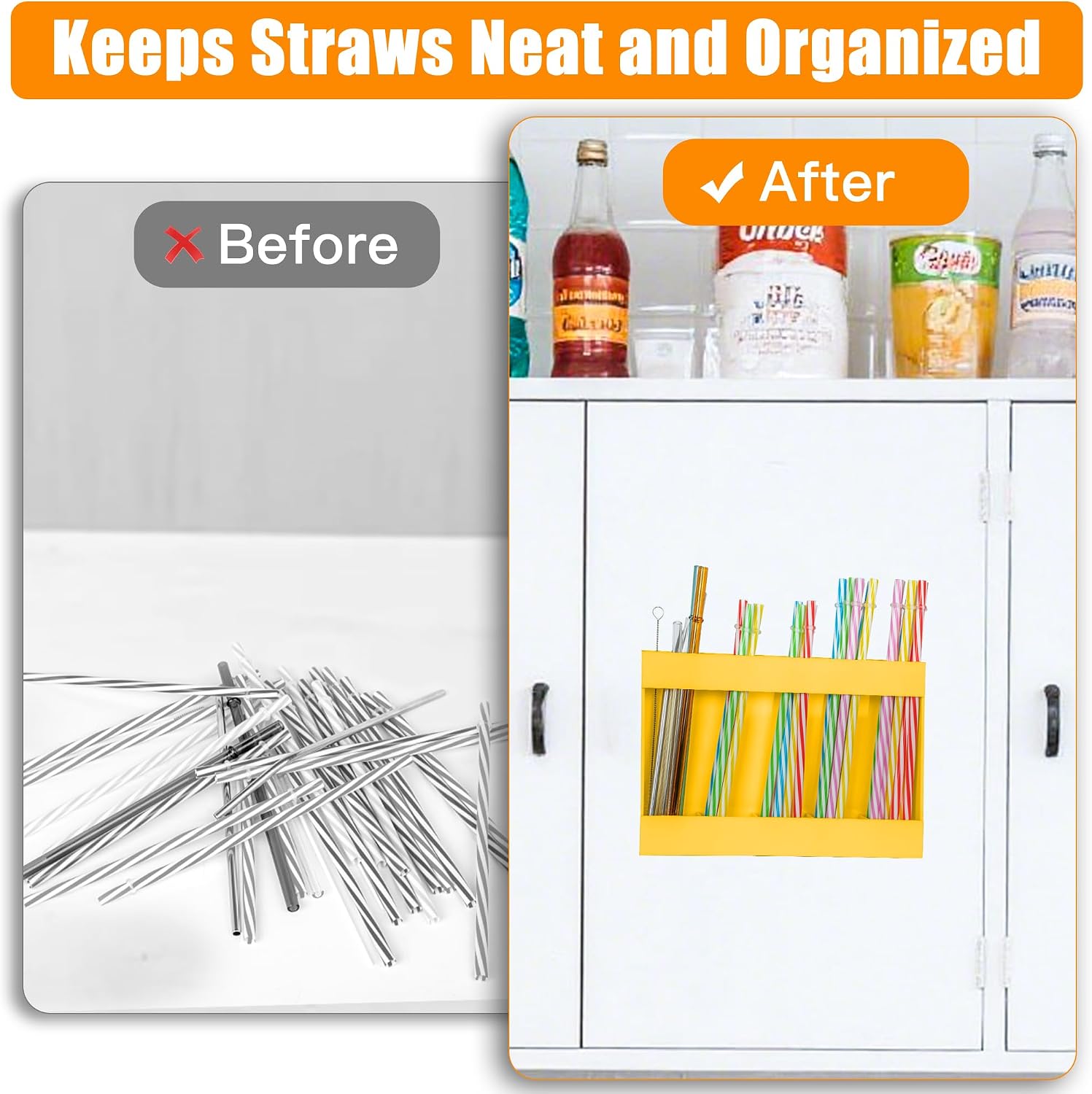 RBACTYES Yellow Acrylic Straw Holder, Adhesive Cabinet Door Organizer